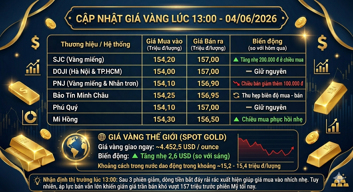 GIÁ VÀNG LÚC 13:00 NGÀY 04 THÁNG 6 NĂM 2026
