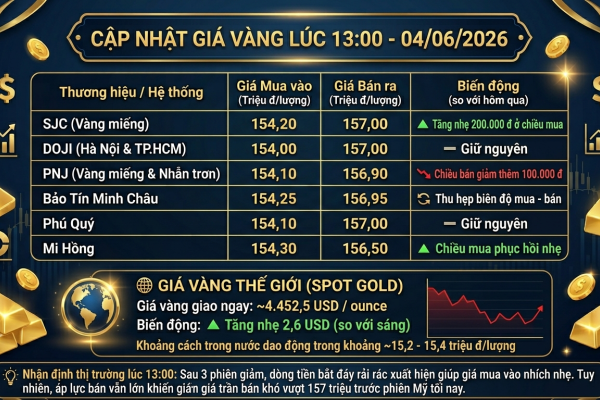 GIÁ VÀNG LÚC 13:00 NGÀY 04 THÁNG 6 NĂM 2026